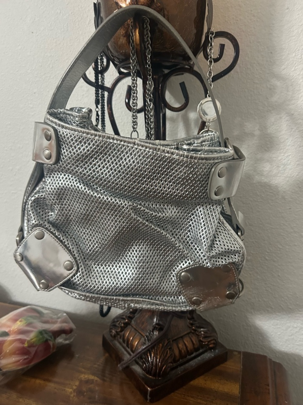 Vintage Y2K Silver Metallic Mesh Hobo Bag Cyber Grunge Liquid Metal Chainmail